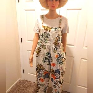 floral print overalls, sz L, 95% cotton 5% spandex